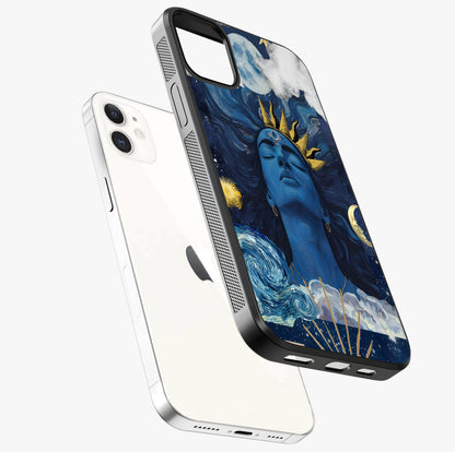 Aesthetic Lord Shiva Glass Case laid diagonally highlighting side profile, edges and glossy glass shine.