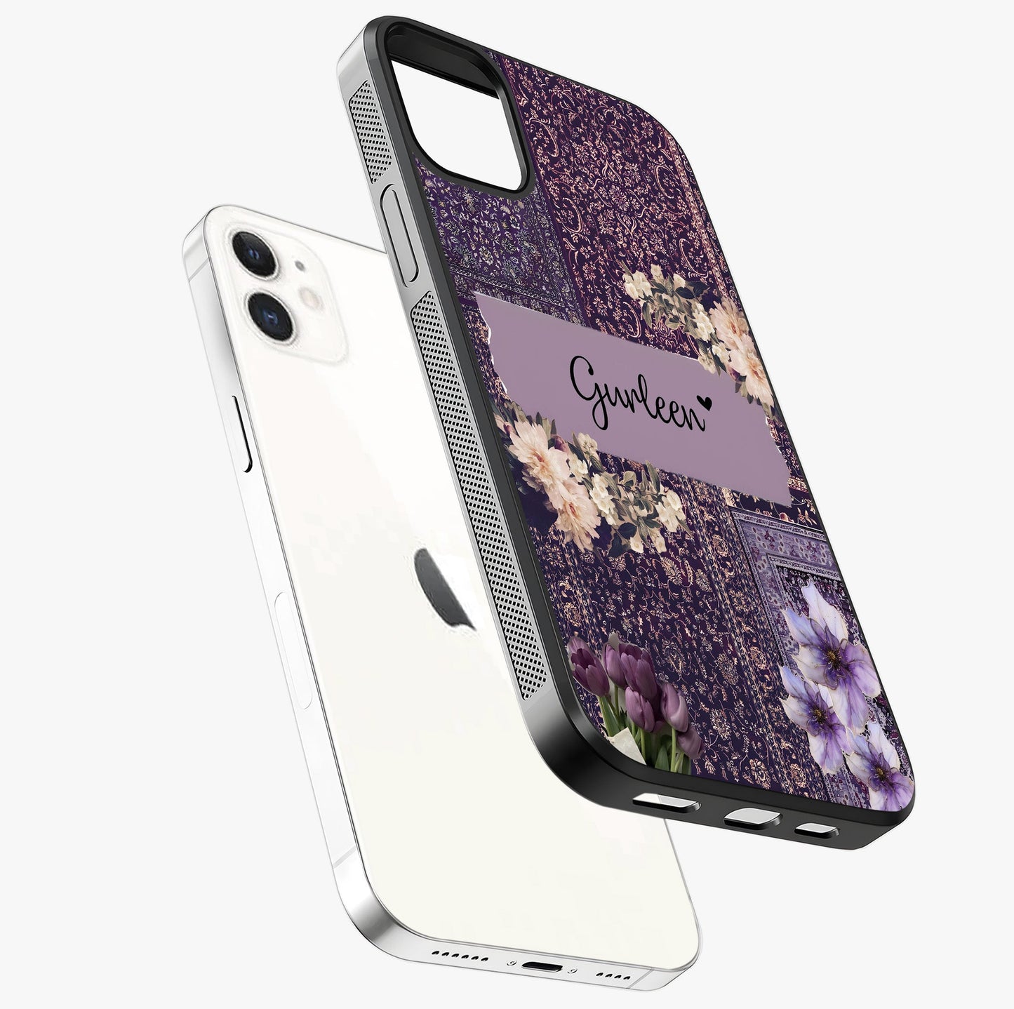 Antique Floral Whisper Custom Name Glass Case laid diagonally highlighting side profile, edges and glossy glass shine.