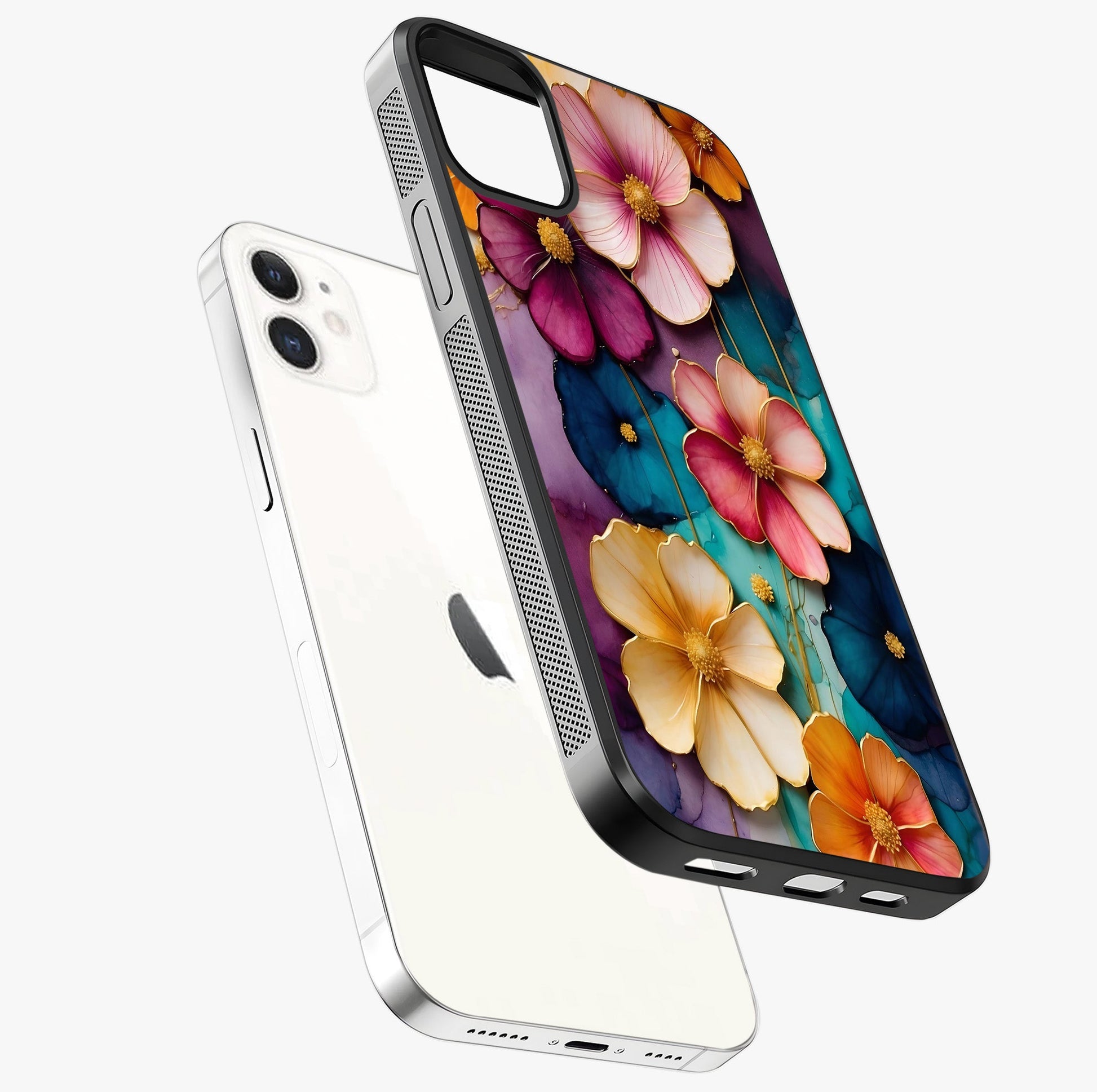 Artlyn Grace Flower Pattern Glass Case laid diagonally highlighting side profile, edges and glossy glass shine.