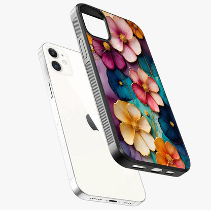 Artlyn Grace Flower Pattern Glass Case laid diagonally highlighting side profile, edges and glossy glass shine.