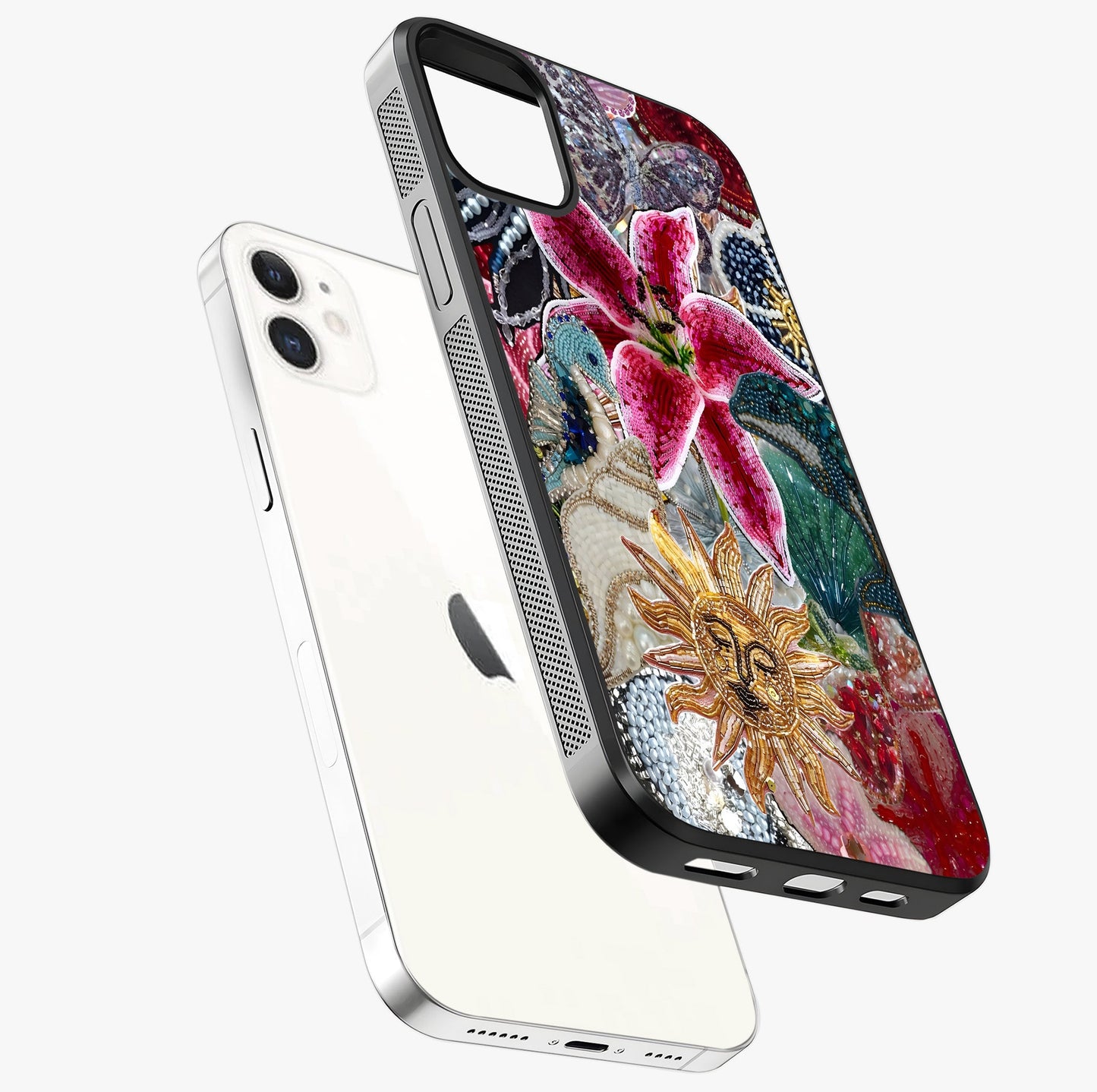 Beaded Garden Fantasy Glass Case laid diagonally highlighting side profile, edges and glossy glass shine.