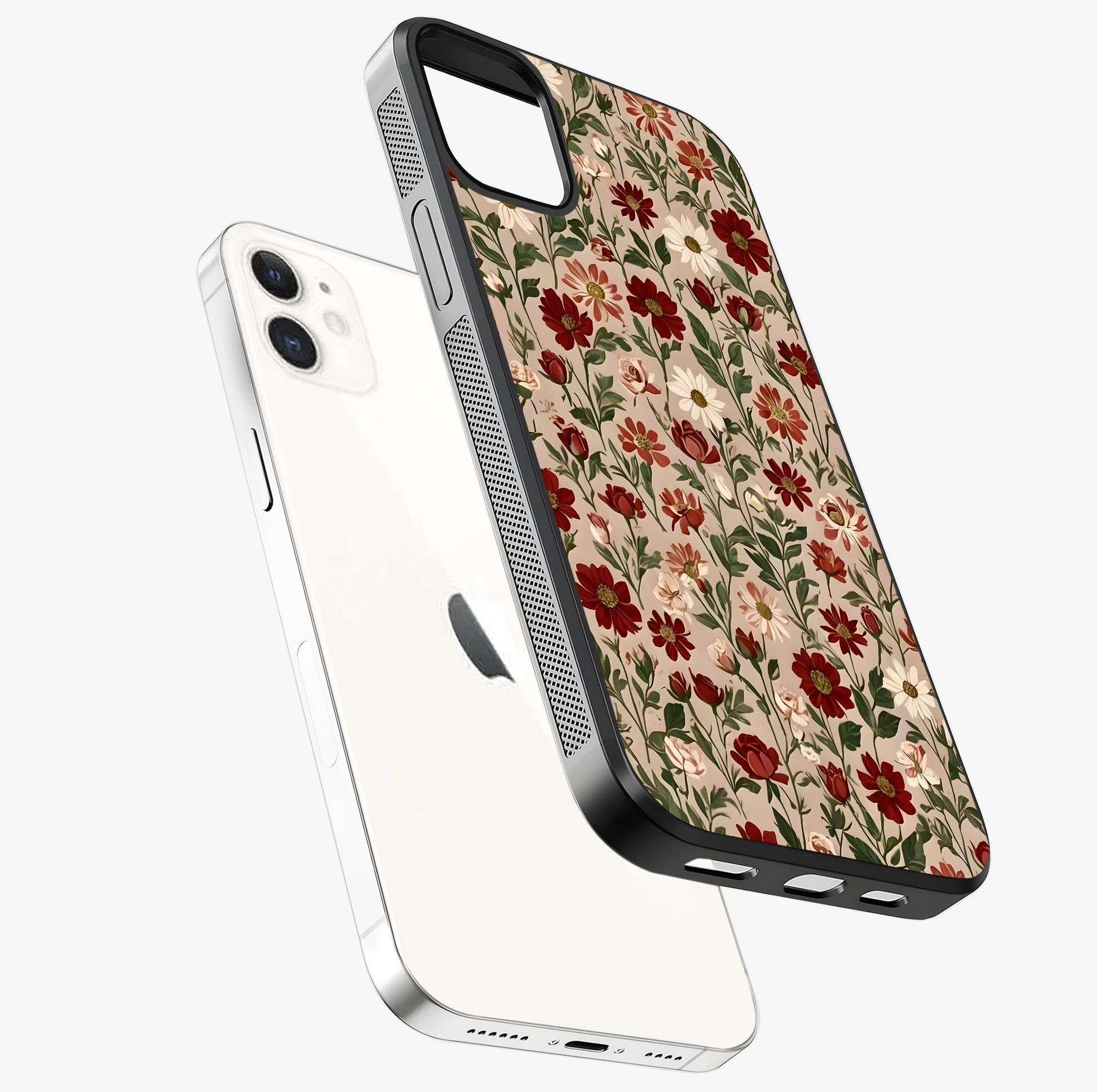 Biege Flower With Leaf Glass Case laid diagonally highlighting side profile, edges and glossy glass shine.