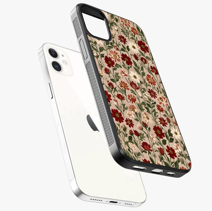Biege Flower With Leaf Glass Case laid diagonally highlighting side profile, edges and glossy glass shine.