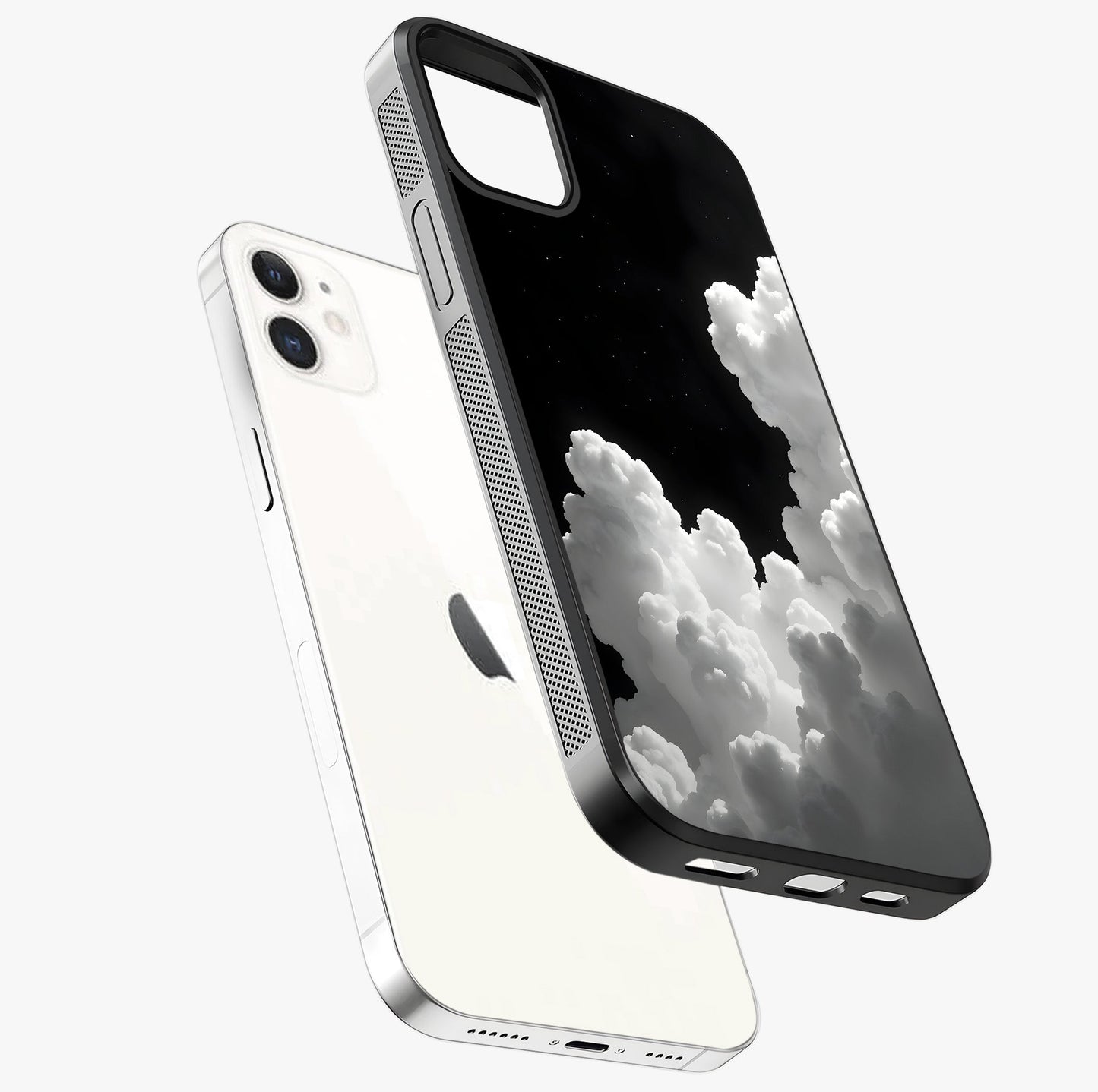 Black Background With White Cloud Glass Case laid diagonally highlighting side profile, edges and glossy glass shine.