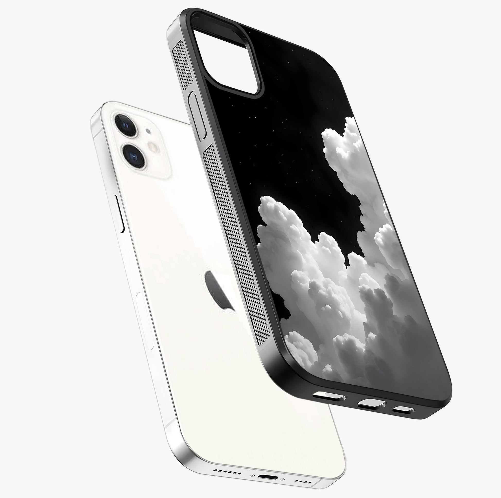 Black Background With White Cloud Glass Case laid diagonally highlighting side profile, edges and glossy glass shine.