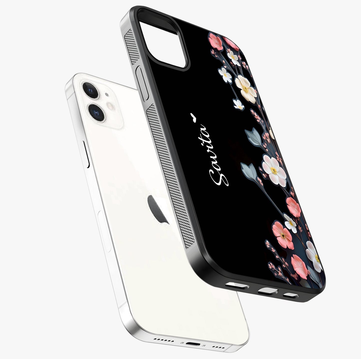 Black Elegance Floral Custom Name Glass Case laid diagonally highlighting side profile, edges and glossy glass shine.