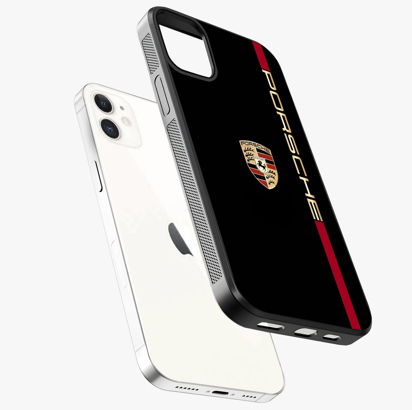 Black Minimal Porsche Glass Case laid diagonally highlighting side profile, edges and glossy glass shine.
