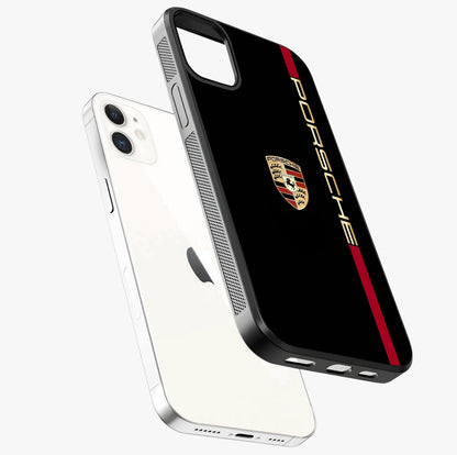 Black Minimal Porsche Glass Case laid diagonally highlighting side profile, edges and glossy glass shine.