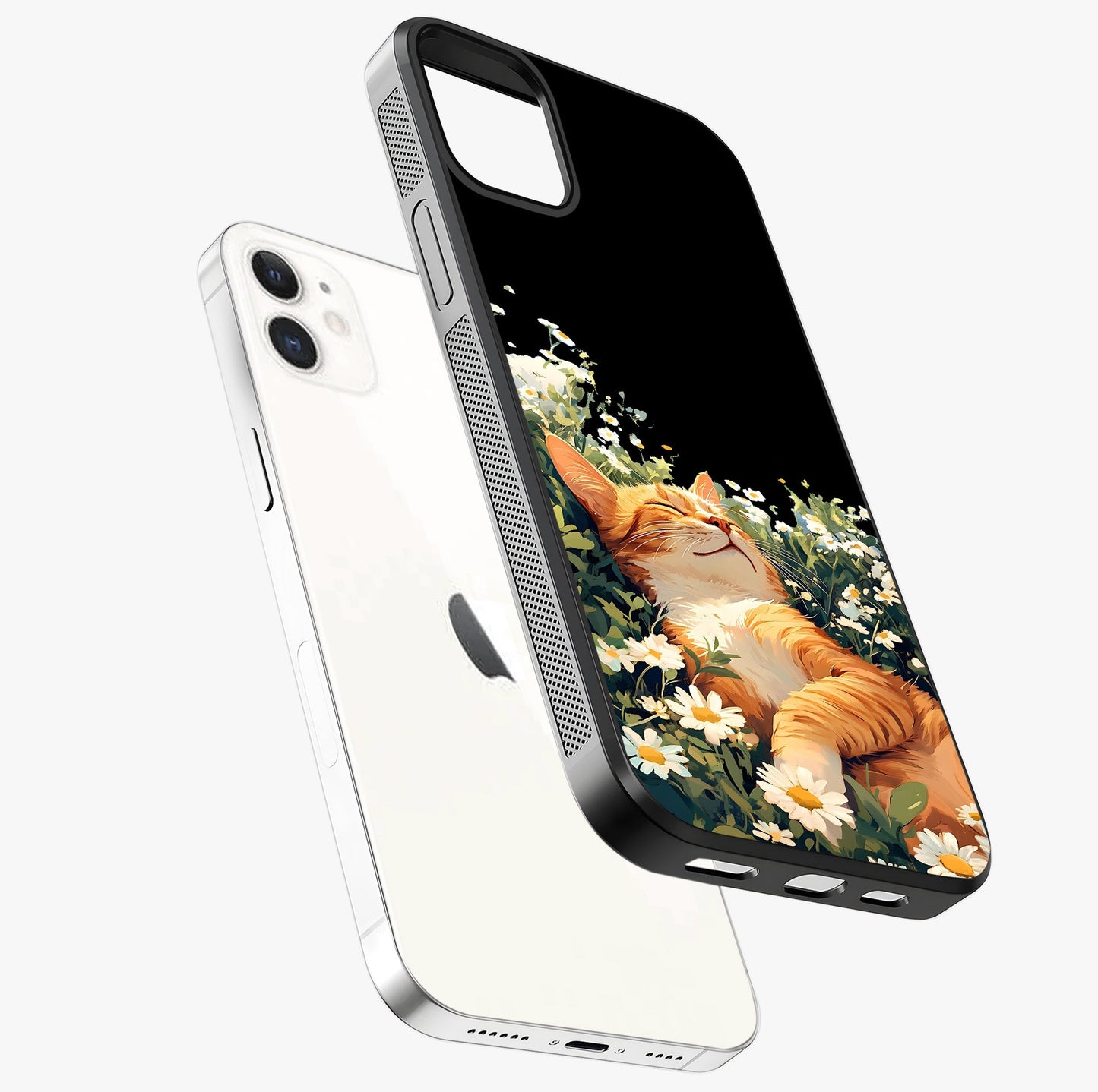 Blissful Bloom Cat Glass Case laid diagonally highlighting side profile, edges and glossy glass shine.