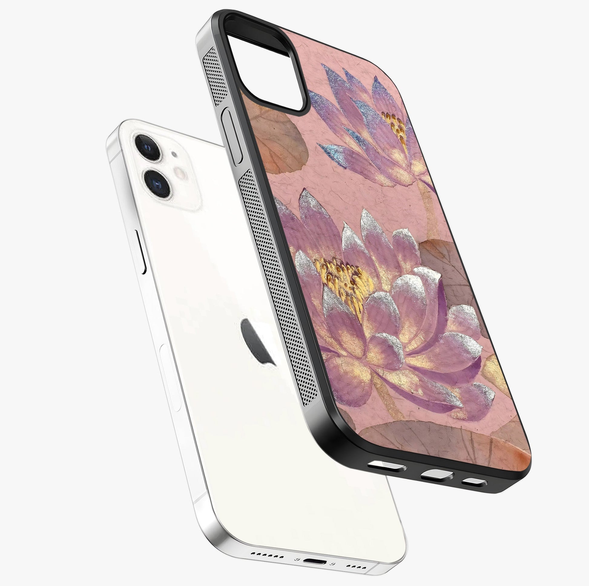 Blossom Mist Lotus Glass Case laid diagonally highlighting side profile, edges and glossy glass shine.