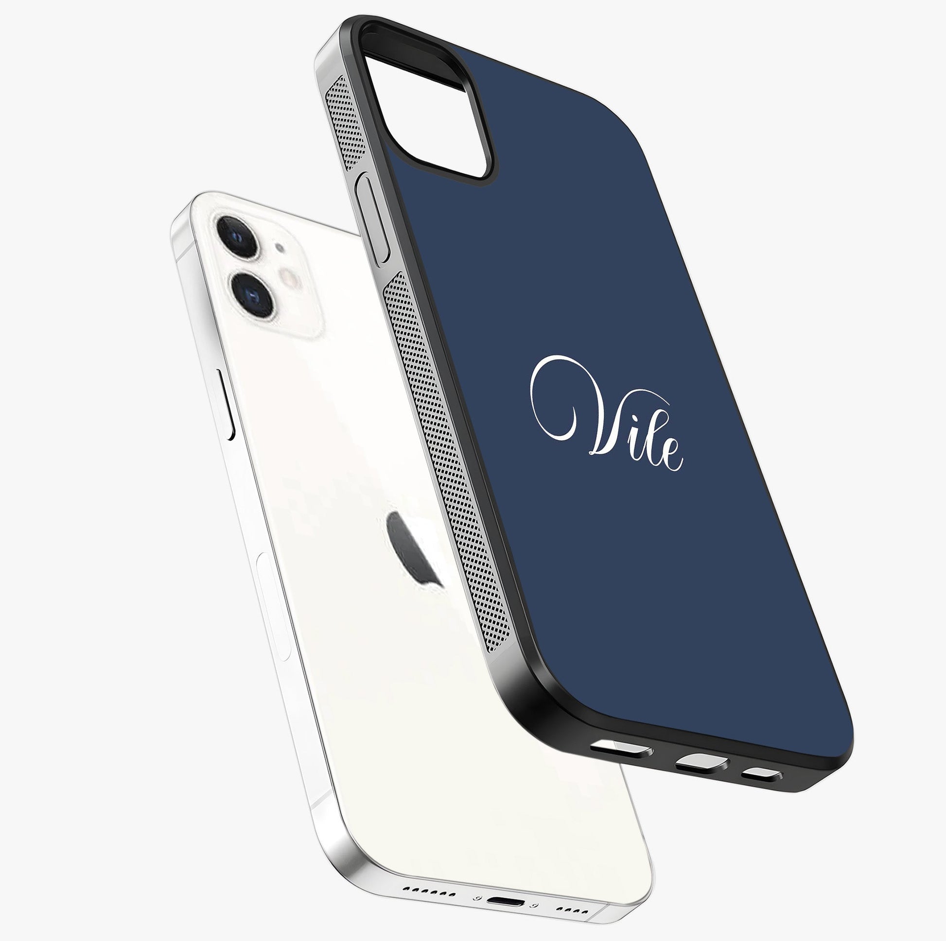 Blue Background Personalized Custom Name Glass Case laid diagonally highlighting side profile, edges and glossy glass shine.