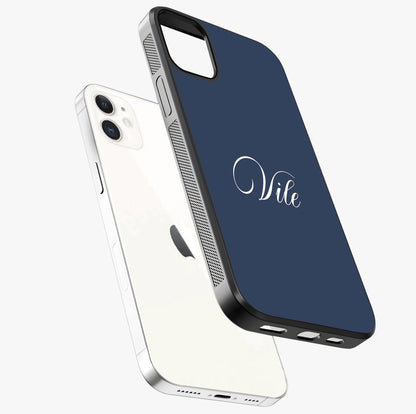 Blue Background Personalized Custom Name Glass Case laid diagonally highlighting side profile, edges and glossy glass shine.