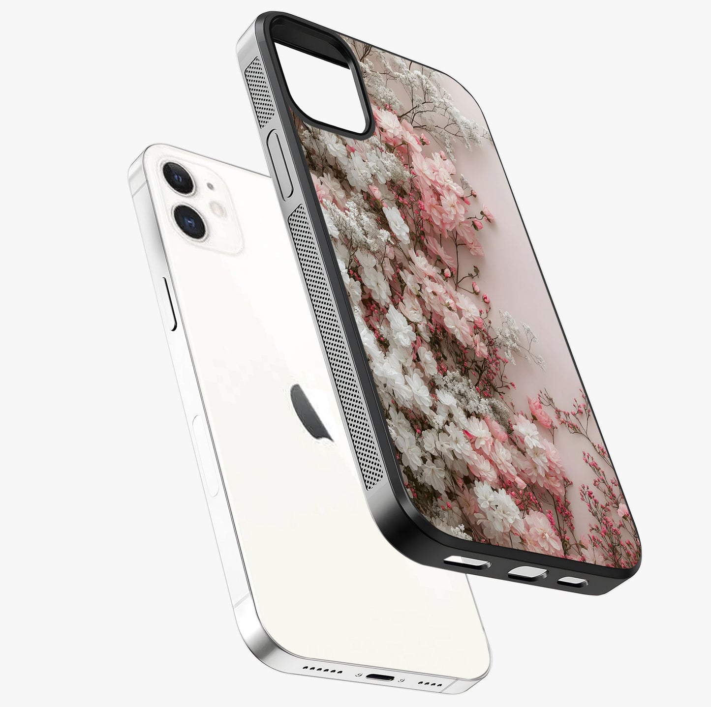 Blush Blossom Cloud Glass Case laid diagonally highlighting side profile, edges and glossy glass shine.