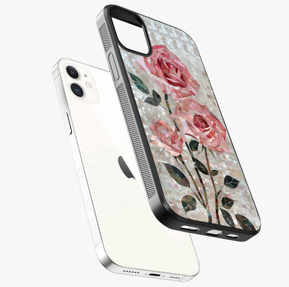Blush Mosaic Bloom Glass Case laid diagonally highlighting side profile, edges and glossy glass shine.