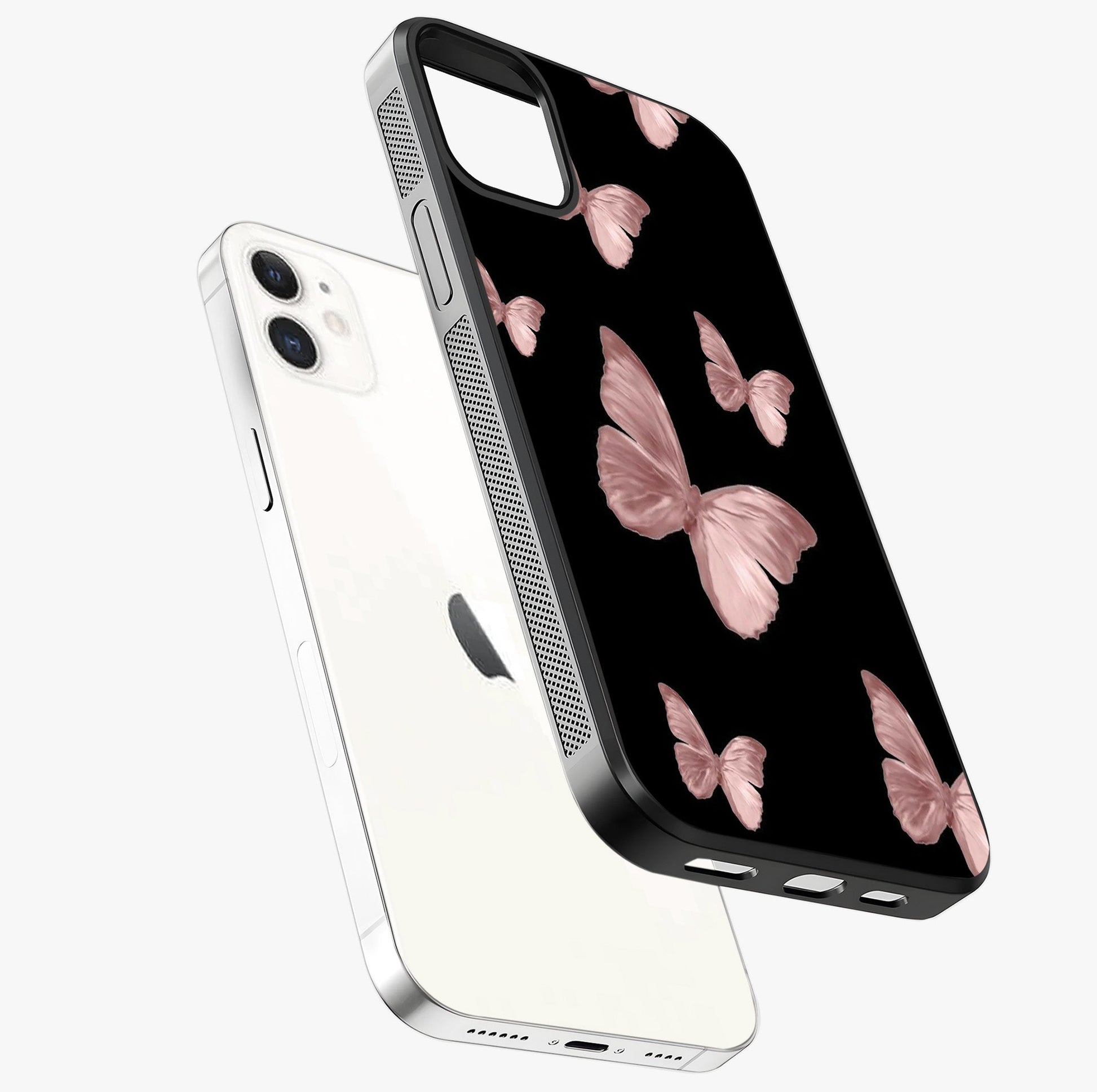Butterfly Pattern Glass Case laid diagonally highlighting side profile, edges and glossy glass shine.