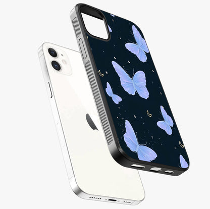 Butterfly With Stars Pattern Glass Case laid diagonally highlighting side profile, edges and glossy glass shine.