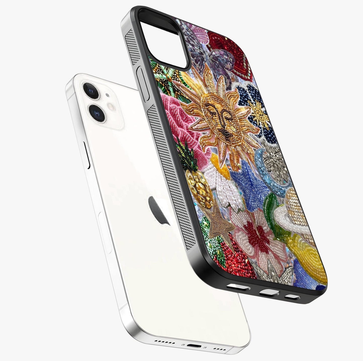 Celestial Floral And Playful Glass Case laid diagonally highlighting side profile, edges and glossy glass shine.