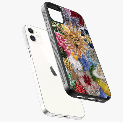Celestial Floral And Playful Glass Case laid diagonally highlighting side profile, edges and glossy glass shine.