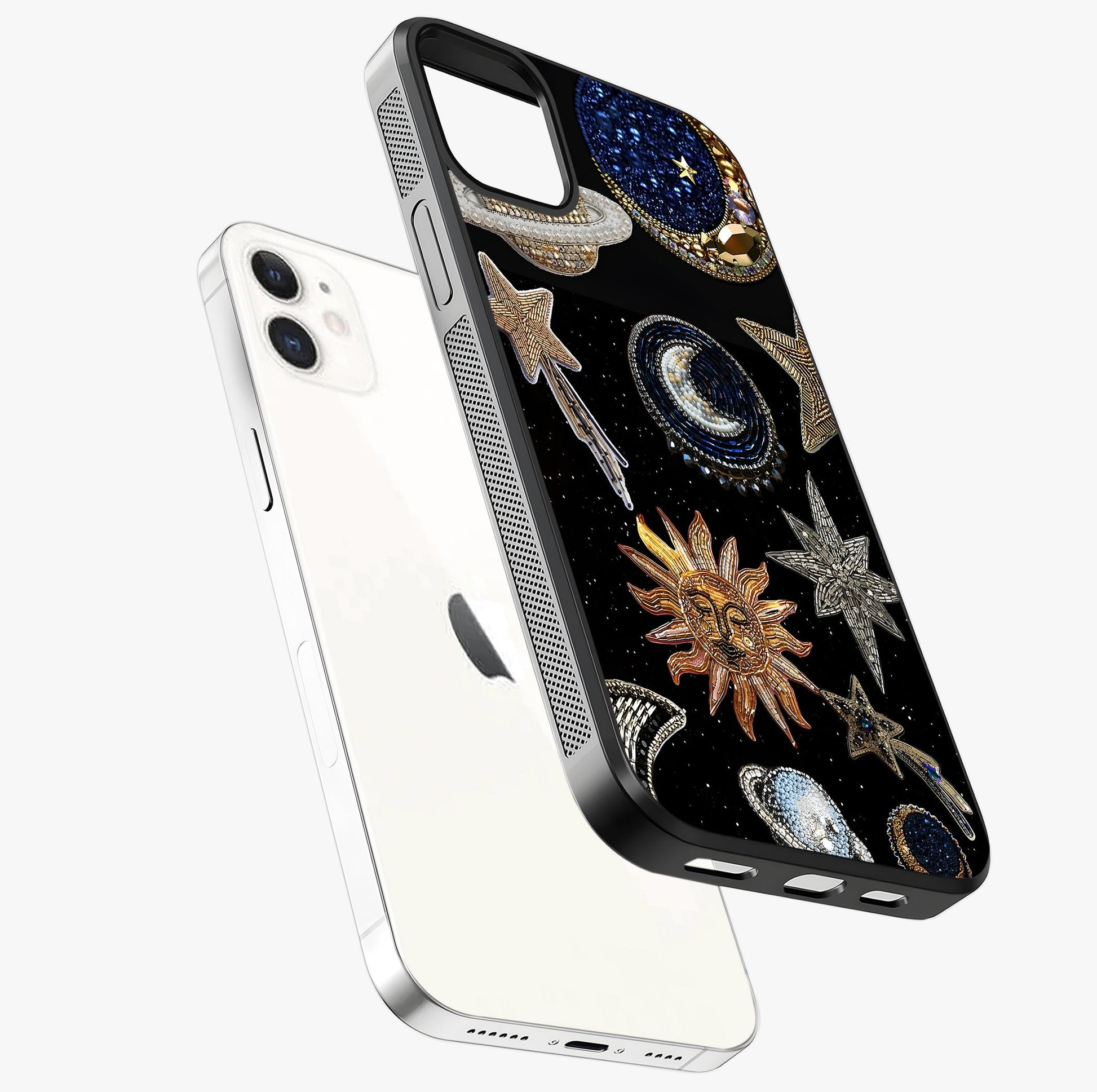 Celestial Gem Constellations Glass Case laid diagonally highlighting side profile, edges and glossy glass shine.