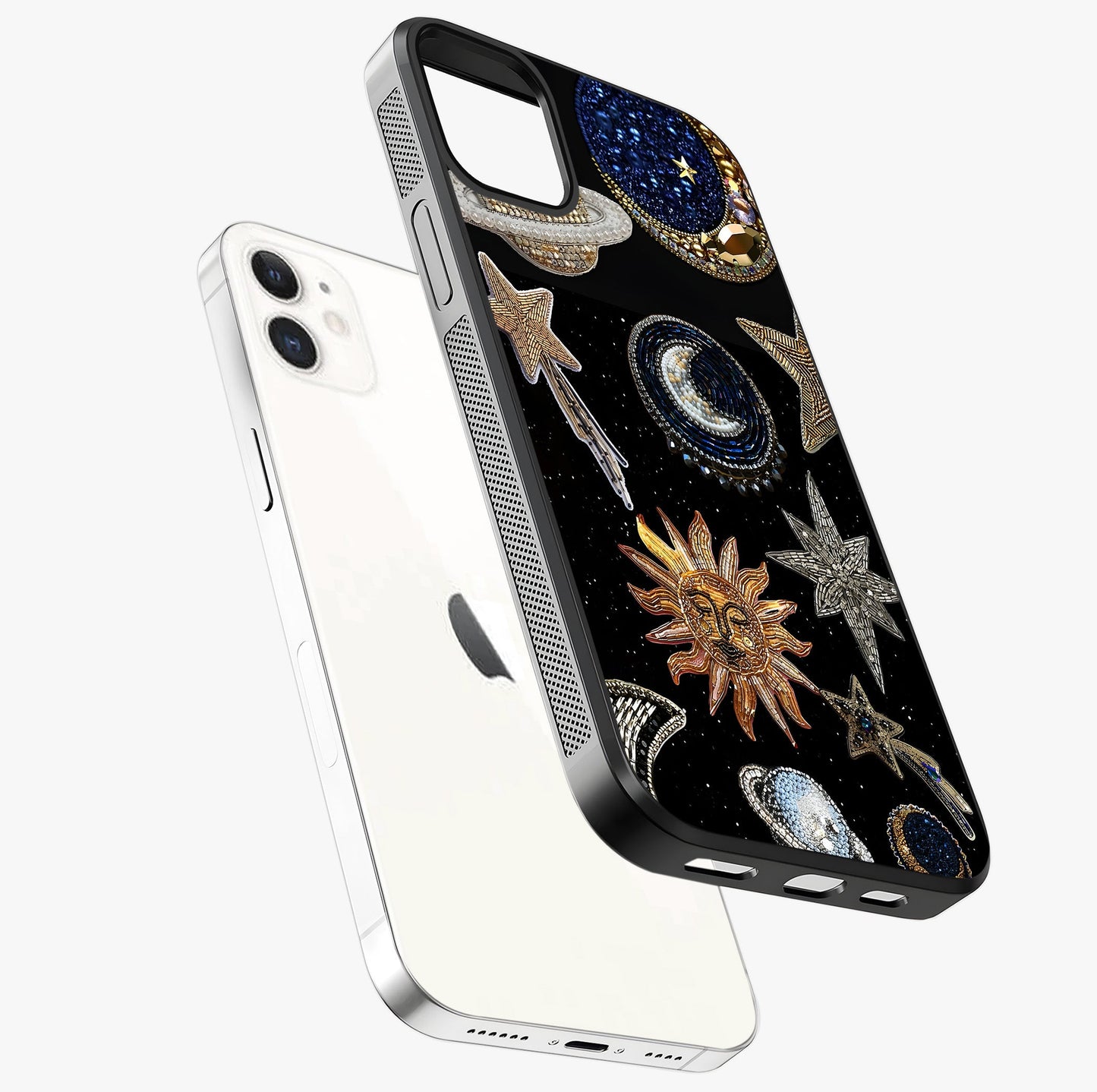 Celestial Gem Constellations Glass Case laid diagonally highlighting side profile, edges and glossy glass shine.