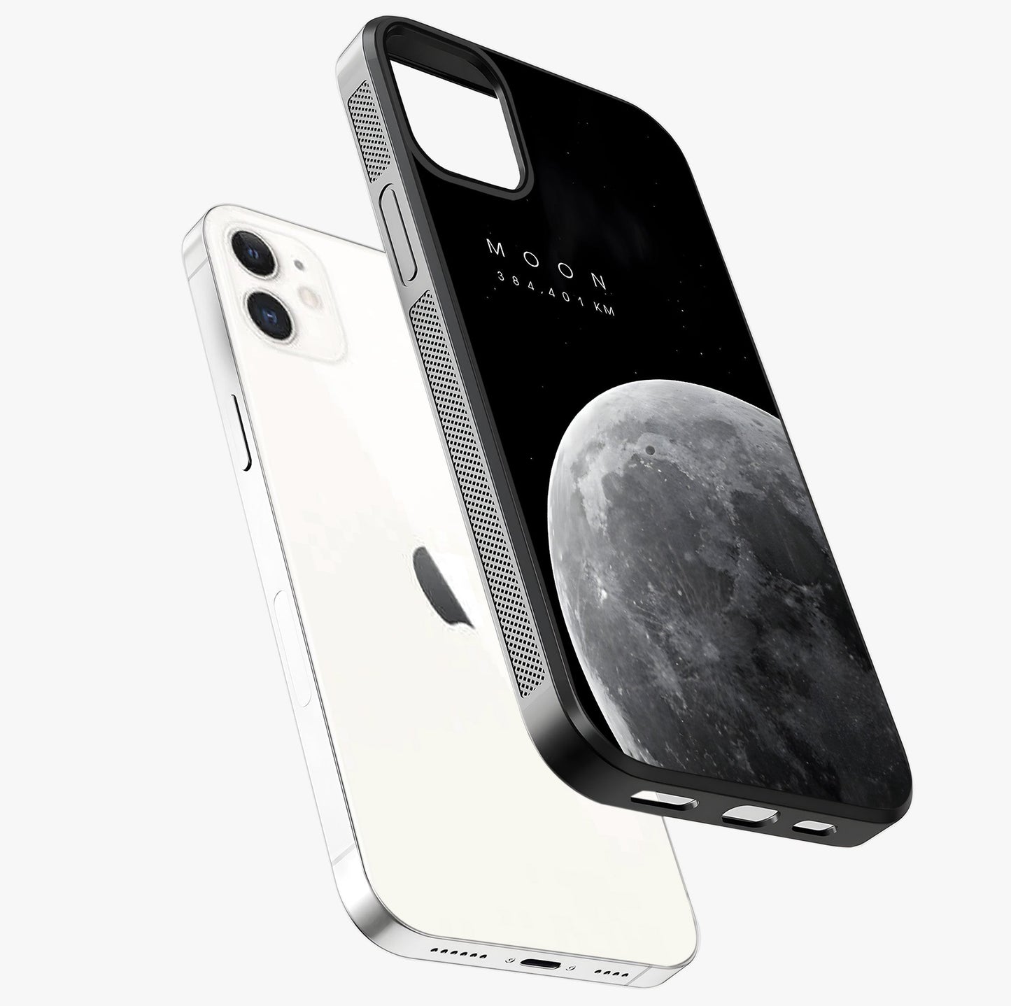 Cosmic Moon Glow Glass Case laid diagonally highlighting side profile, edges and glossy glass shine.