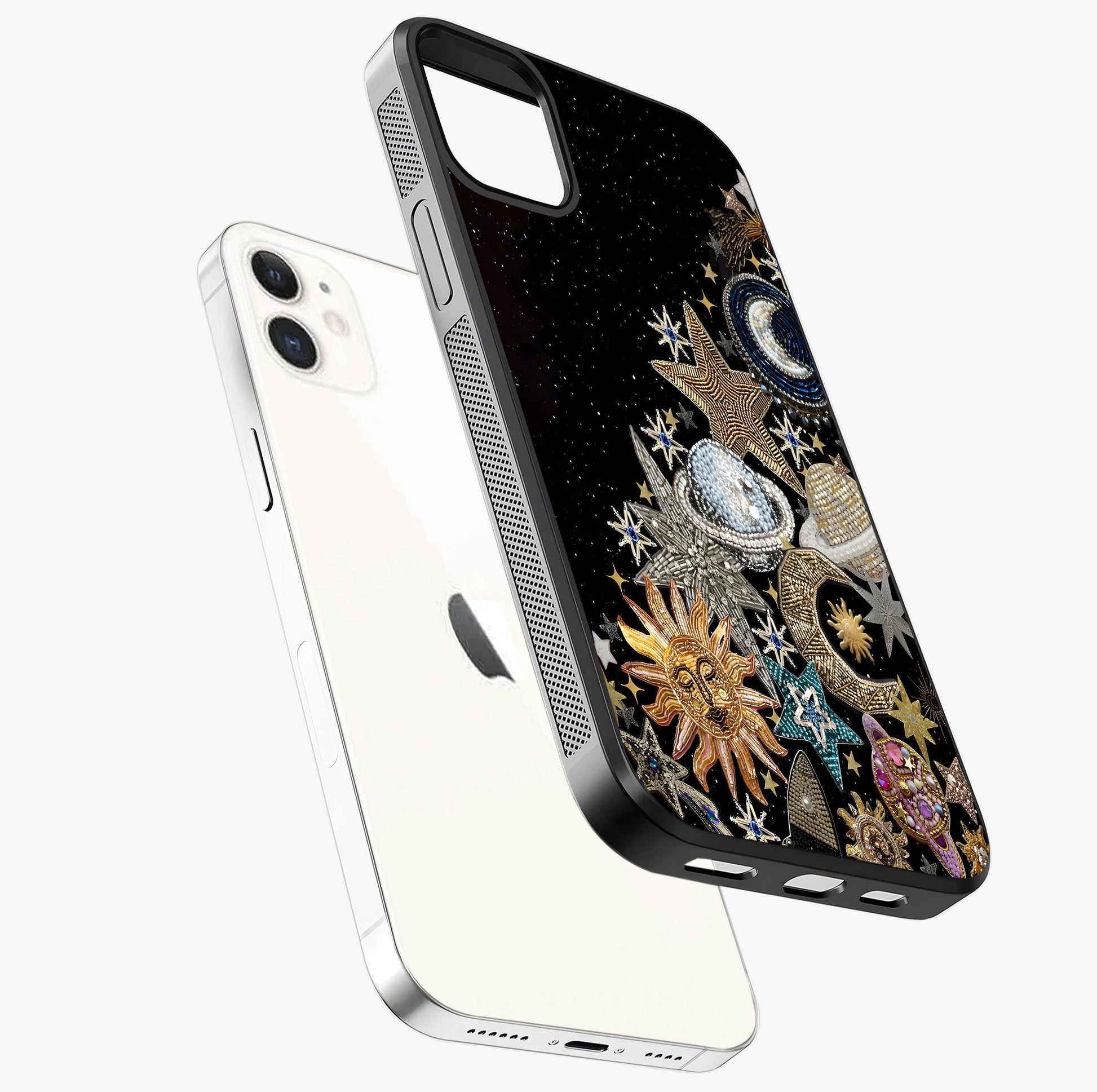 Cosmic Sparkle Dreams Glass Case laid diagonally highlighting side profile, edges and glossy glass shine.