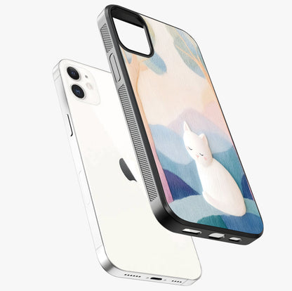 Cotton Dream Cat Glass Case laid diagonally highlighting side profile, edges and glossy glass shine.