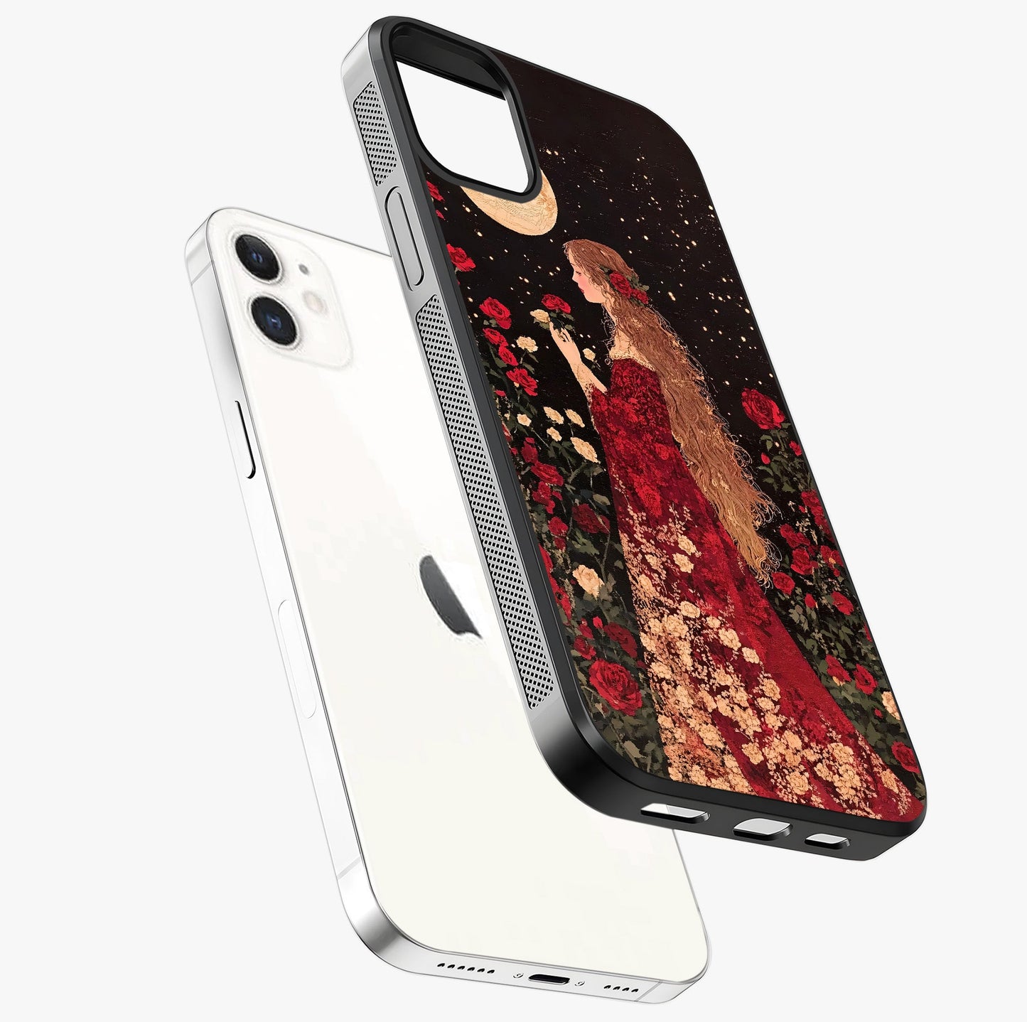 Crimson Dreams Glass Case laid diagonally highlighting side profile, edges and glossy glass shine.