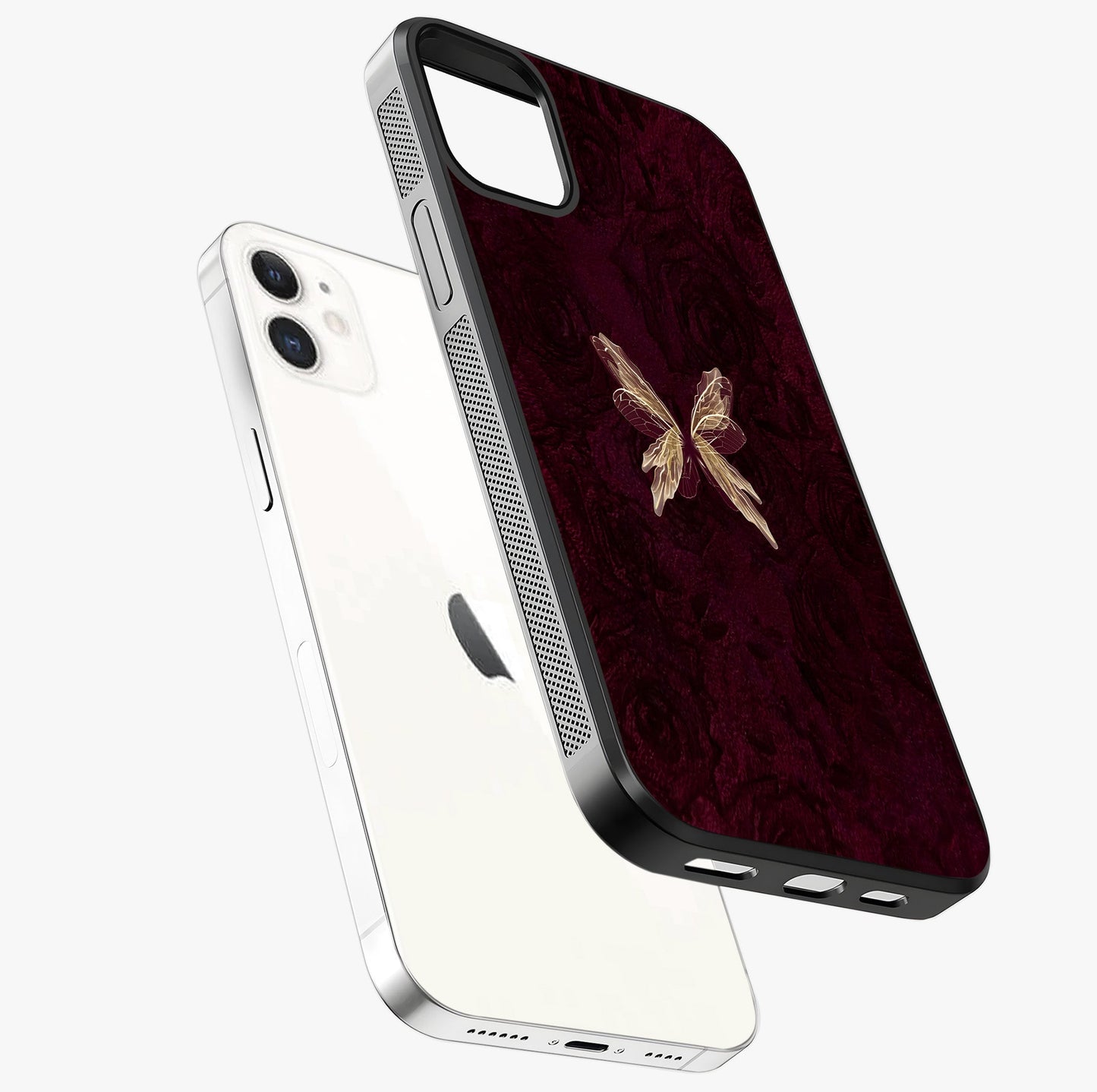Crimson Fade Butterfly Glass Case laid diagonally highlighting side profile, edges and glossy glass shine.