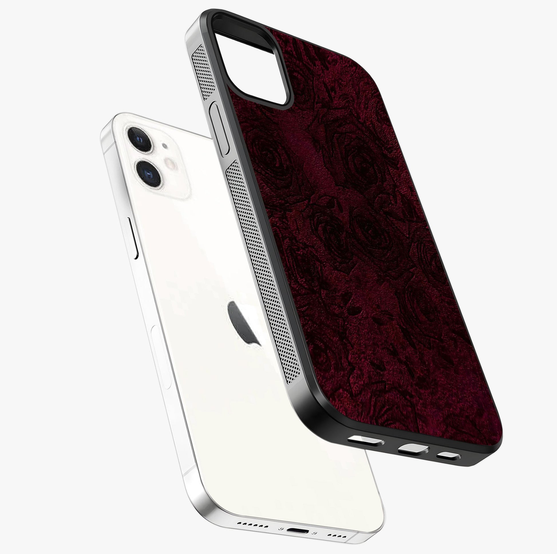 Crimson Fade Flow Glass Case laid diagonally highlighting side profile, edges and glossy glass shine.