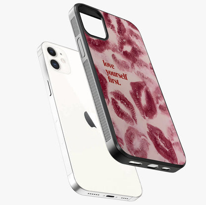 Crimson Kiss Love Glass Case laid diagonally highlighting side profile, edges and glossy glass shine.