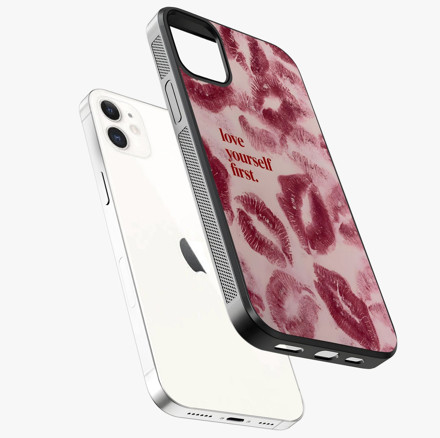 Crimson Kiss Love Glass Case laid diagonally highlighting side profile, edges and glossy glass shine.