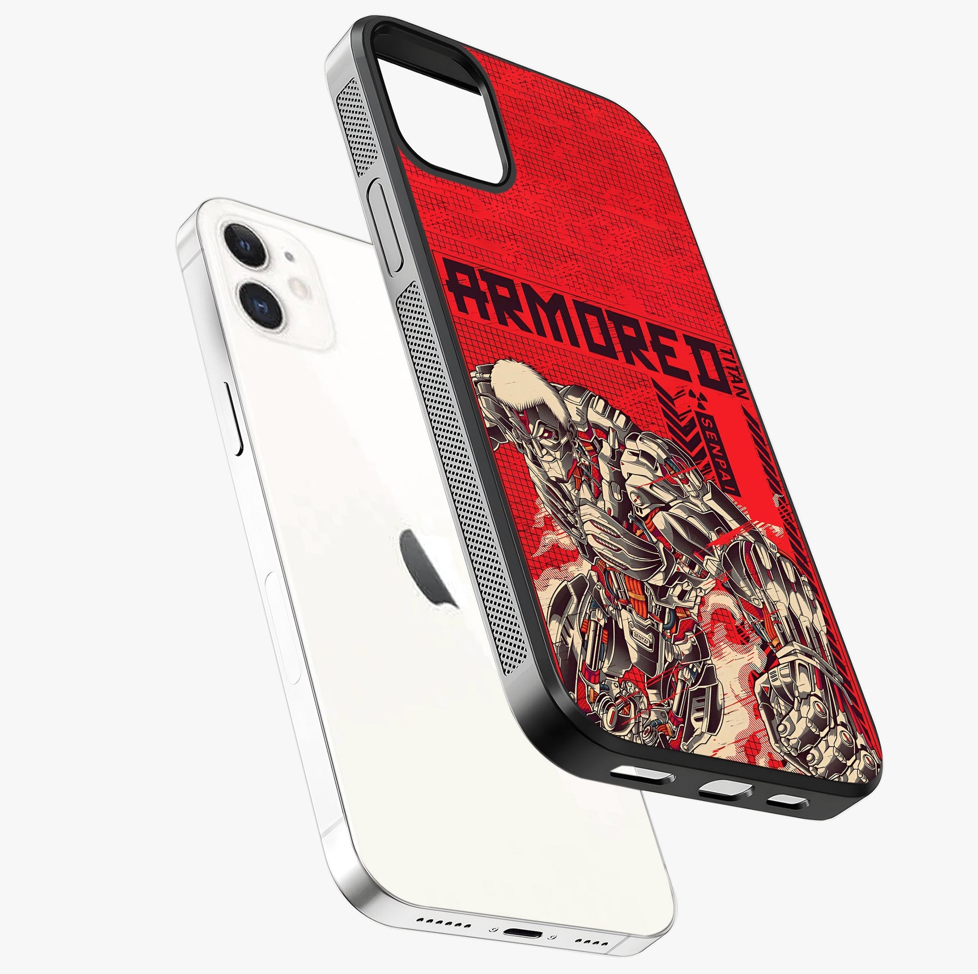 Crimson Mecha Titan Glass Case laid diagonally highlighting side profile, edges and glossy glass shine.