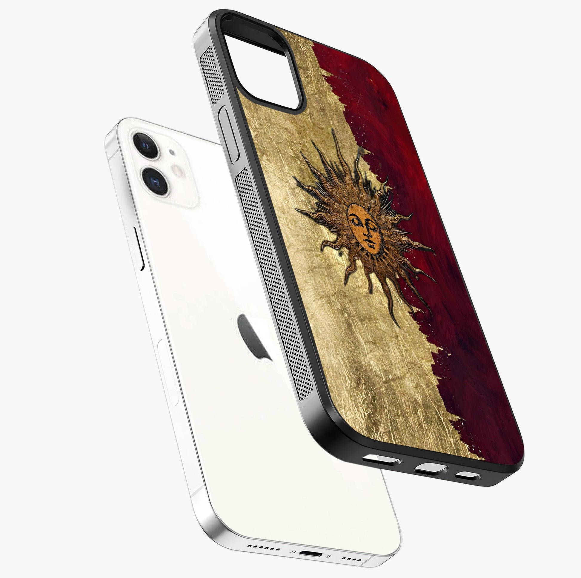 Crimson Sun Majesty Glass Case laid diagonally highlighting side profile, edges and glossy glass shine.