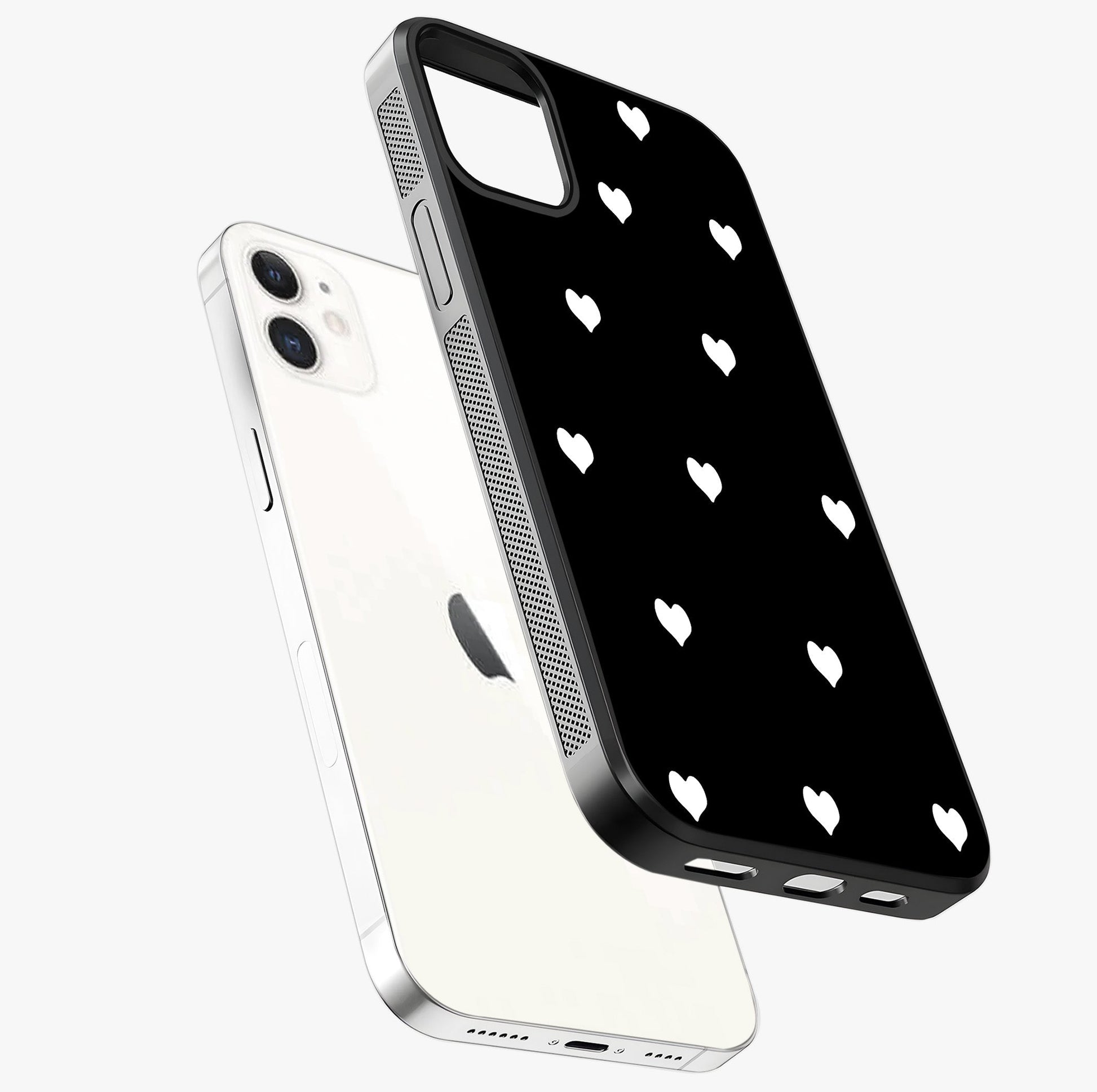 Cute And Simple White Hearts Glass Case laid diagonally highlighting side profile, edges and glossy glass shine.