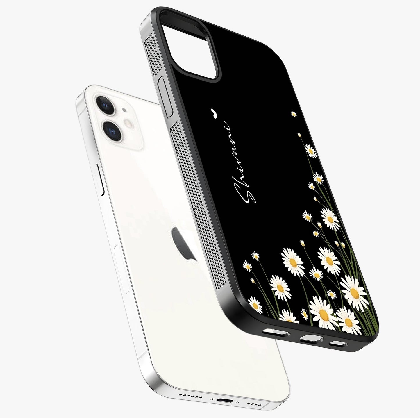 Daisy Cascade Custom Name Glass Case laid diagonally highlighting side profile, edges and glossy glass shine.