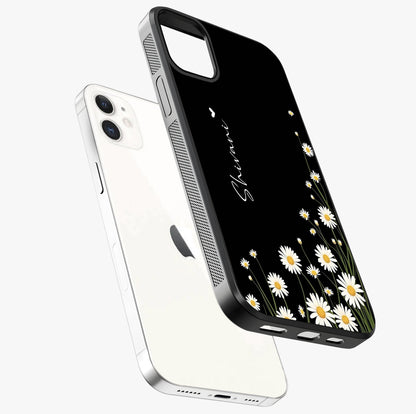 Daisy Cascade Custom Name Glass Case laid diagonally highlighting side profile, edges and glossy glass shine.