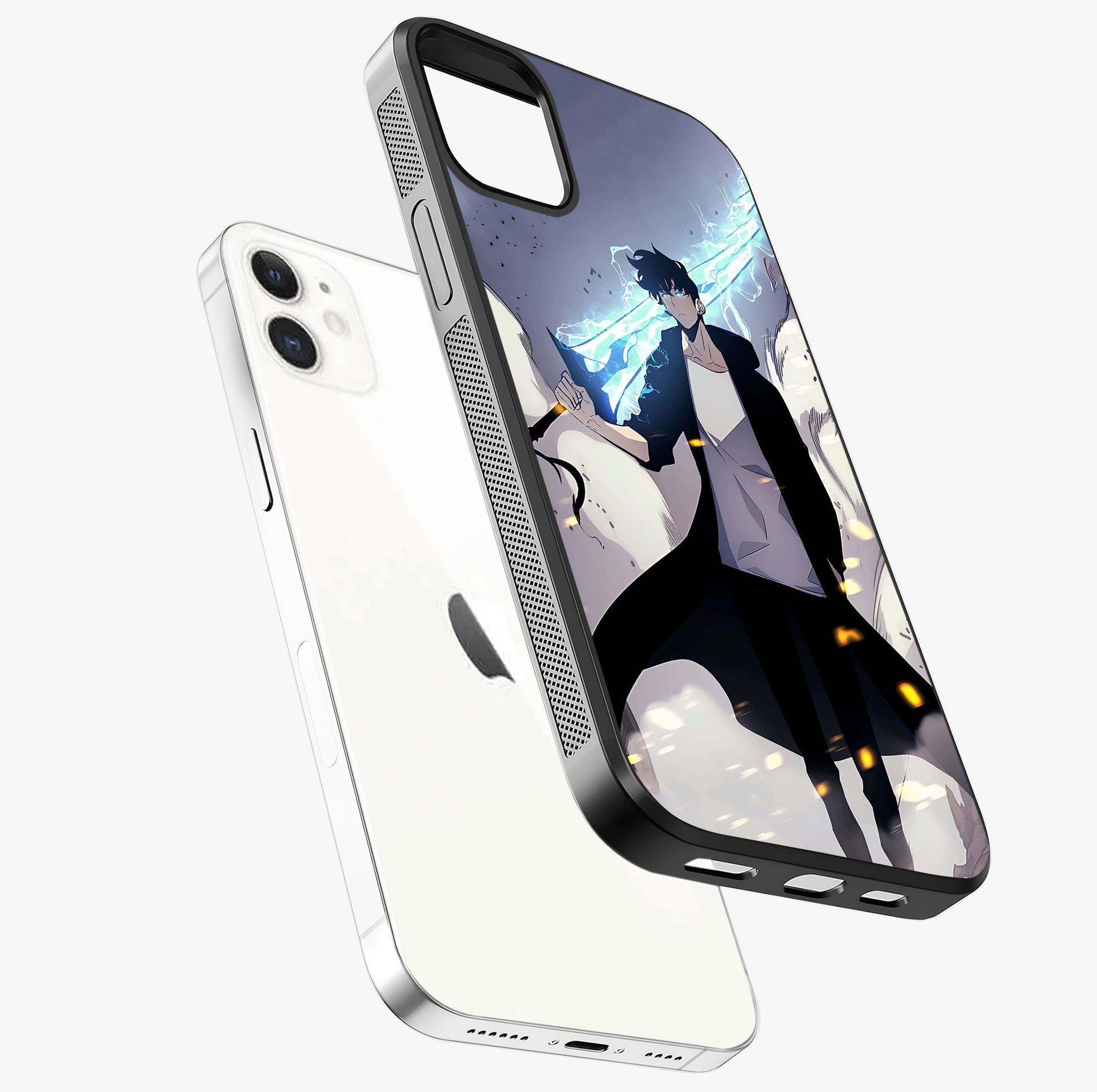 Dark Lightning Anime Warrior Glass Case laid diagonally highlighting side profile, edges and glossy glass shine.