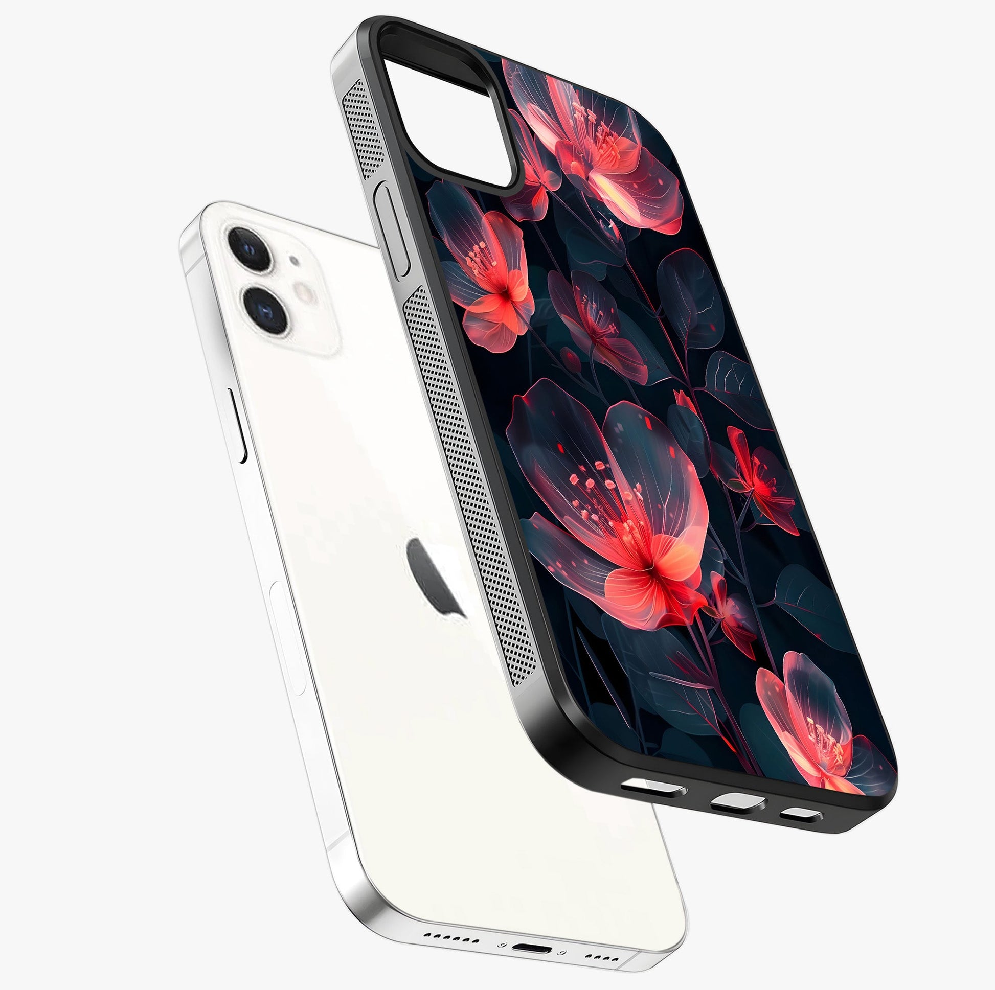 Dark Shade Of Flower Glass Case laid diagonally highlighting side profile, edges and glossy glass shine.