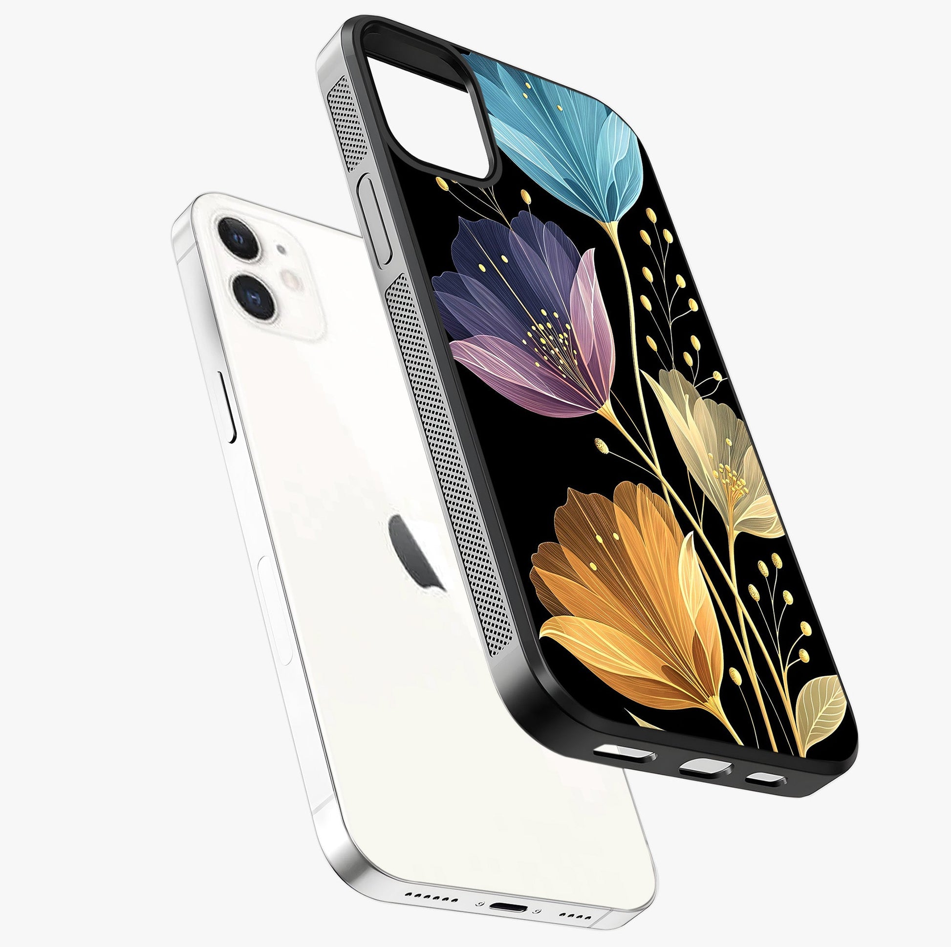 Delicate Multicolor Flowers Glass Case laid diagonally highlighting side profile, edges and glossy glass shine.
