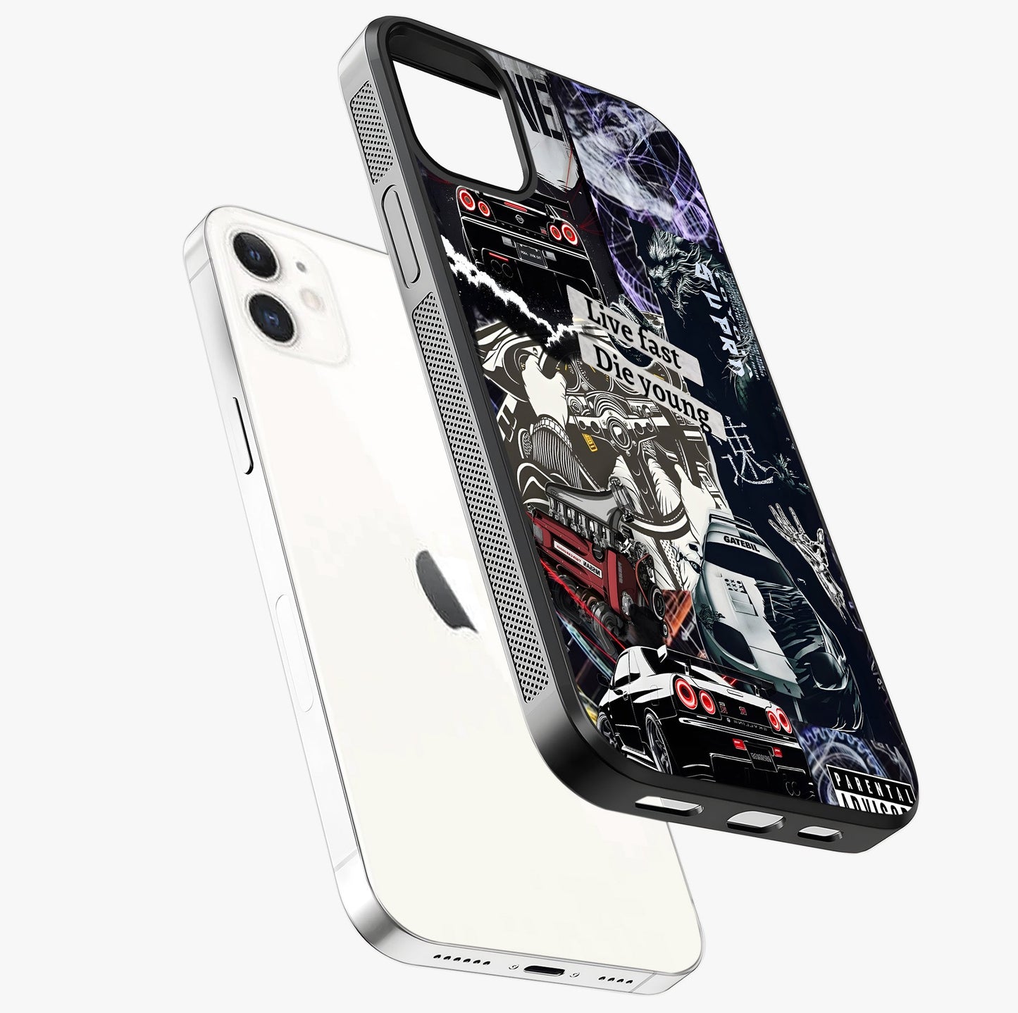 Die Young Glass Case laid diagonally highlighting side profile, edges and glossy glass shine.