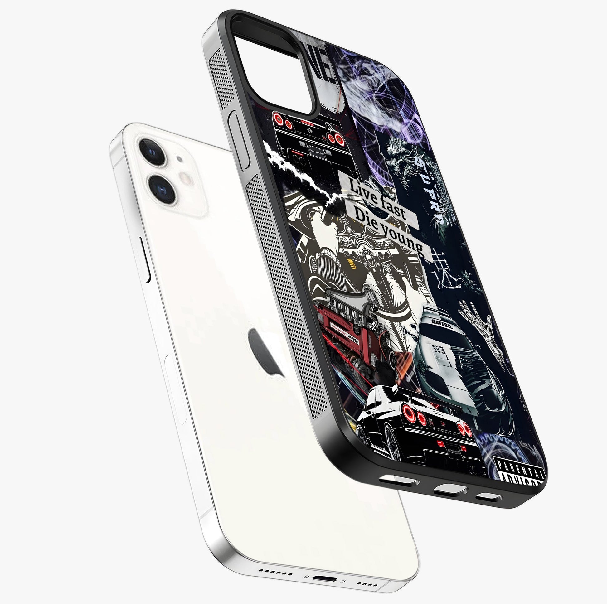 Die Young Glass Case laid diagonally highlighting side profile, edges and glossy glass shine.