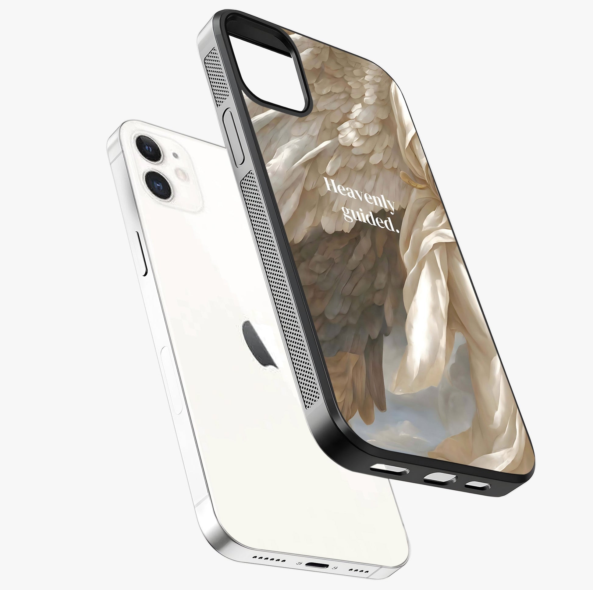 Divine Winged Grace Glass Case laid diagonally highlighting side profile, edges and glossy glass shine.