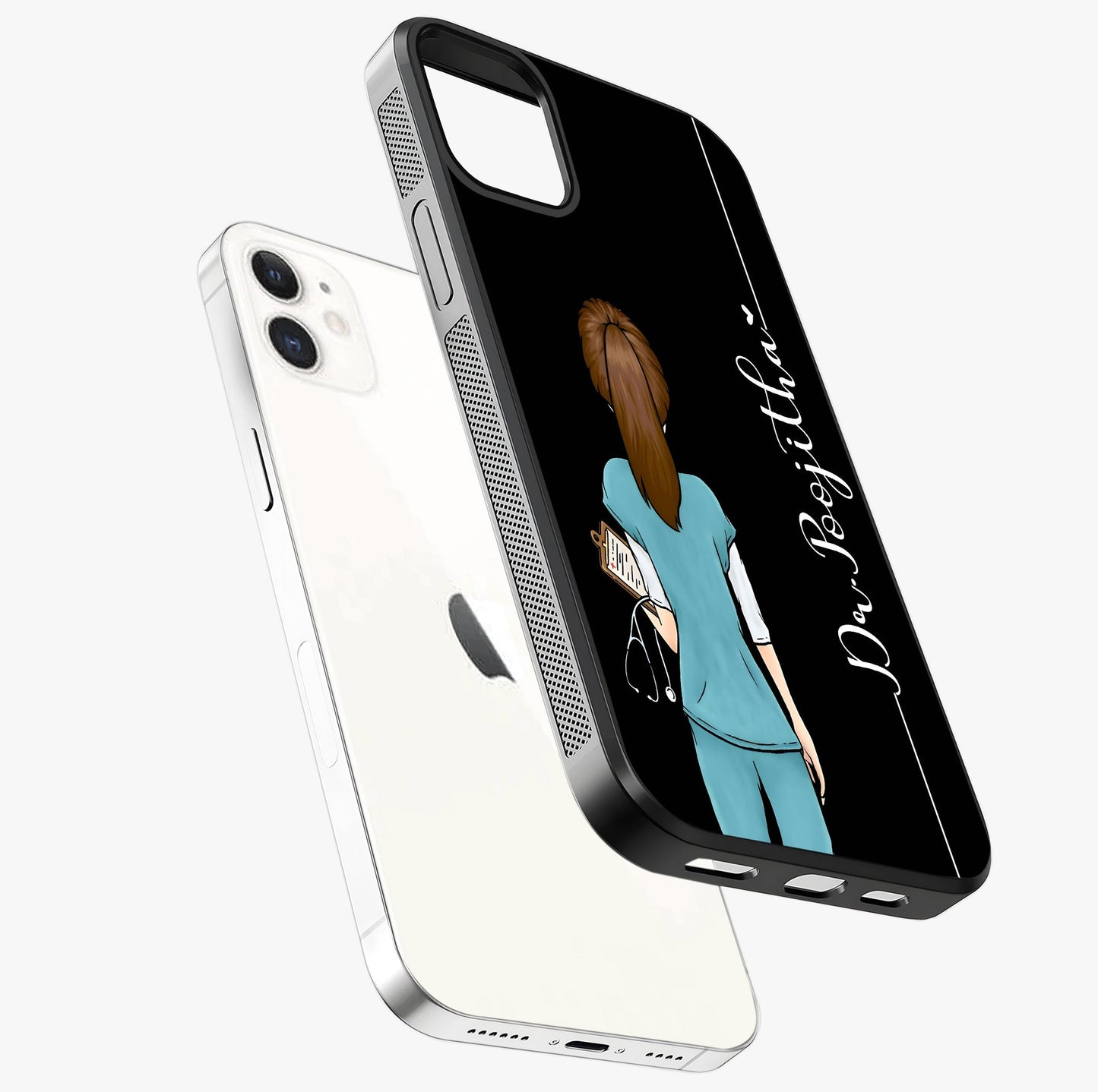 Doctor Pattern Custom Name Glass Case laid diagonally highlighting side profile, edges and glossy glass shine.