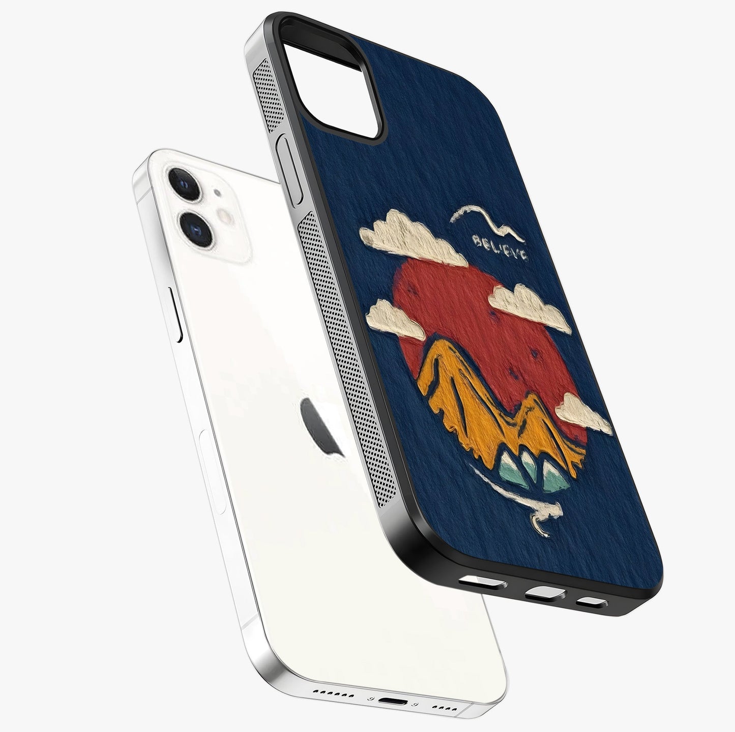 Dream Beyond Mountains Glass Case laid diagonally highlighting side profile, edges and glossy glass shine.