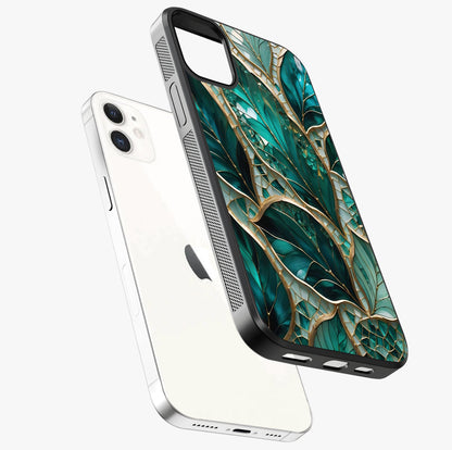 Emerald Leaf Glass Glass Case laid diagonally highlighting side profile, edges and glossy glass shine.