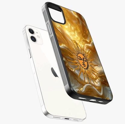 Eternal Golden Glow Glass Case laid diagonally highlighting side profile, edges and glossy glass shine.