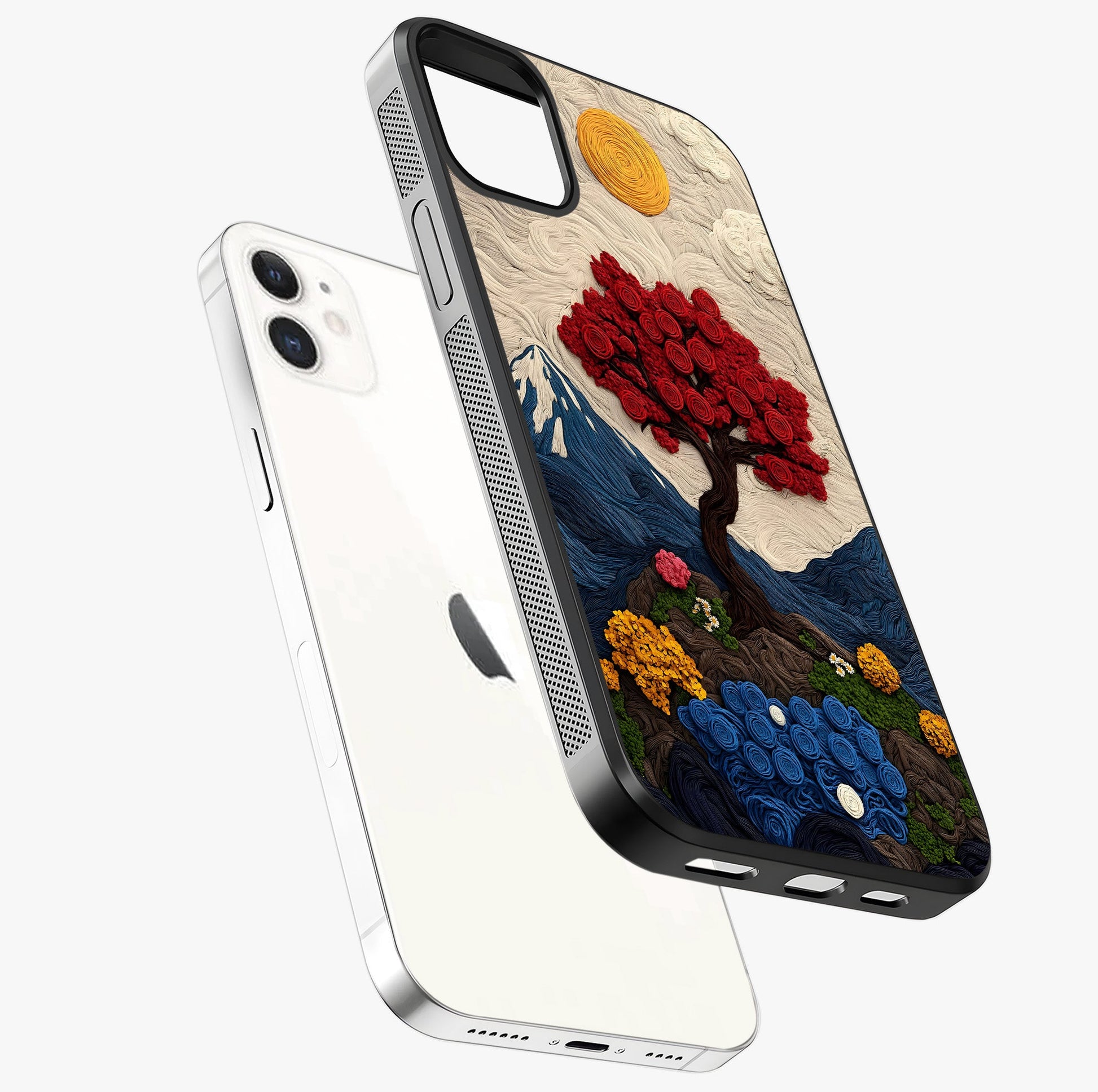 Eternal Nature Tapestry Glass Case laid diagonally highlighting side profile, edges and glossy glass shine.
