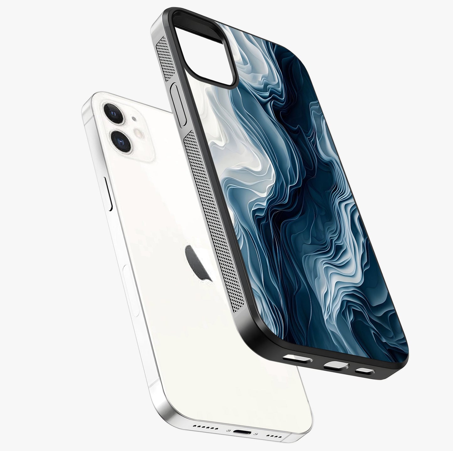 Ethereal Paper Marble Glass Case laid diagonally highlighting side profile, edges and glossy glass shine.
