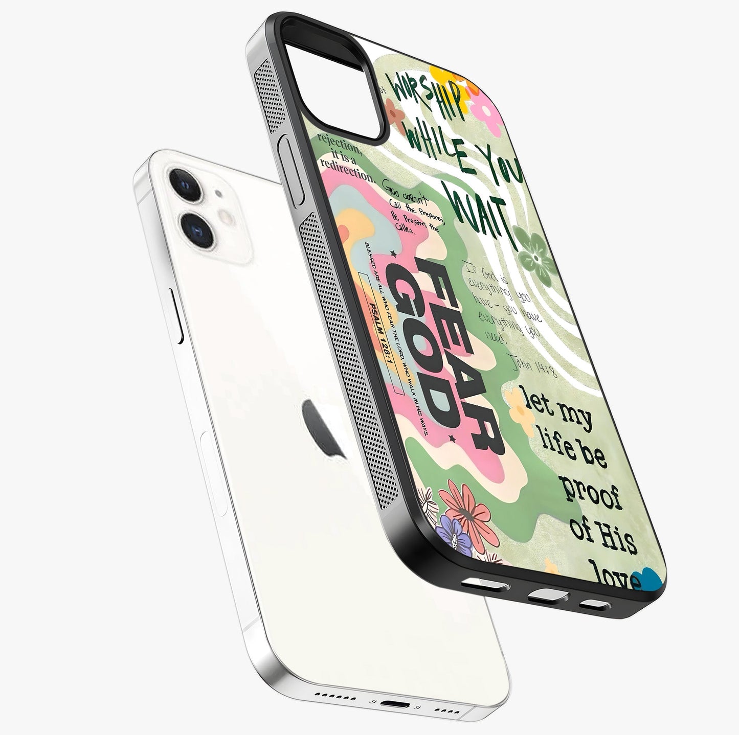 Faith Over Fear Glass Case laid diagonally highlighting side profile, edges and glossy glass shine.